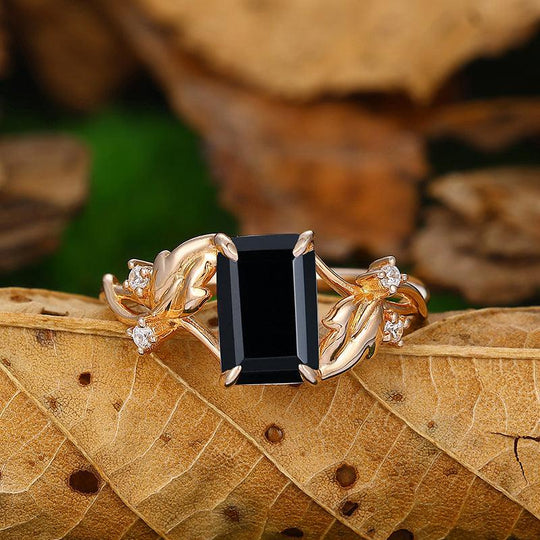 2.5 CT Emerald Cut Art Deco Natural Black Onyx leaf Design Engagement Ring - Esdomera