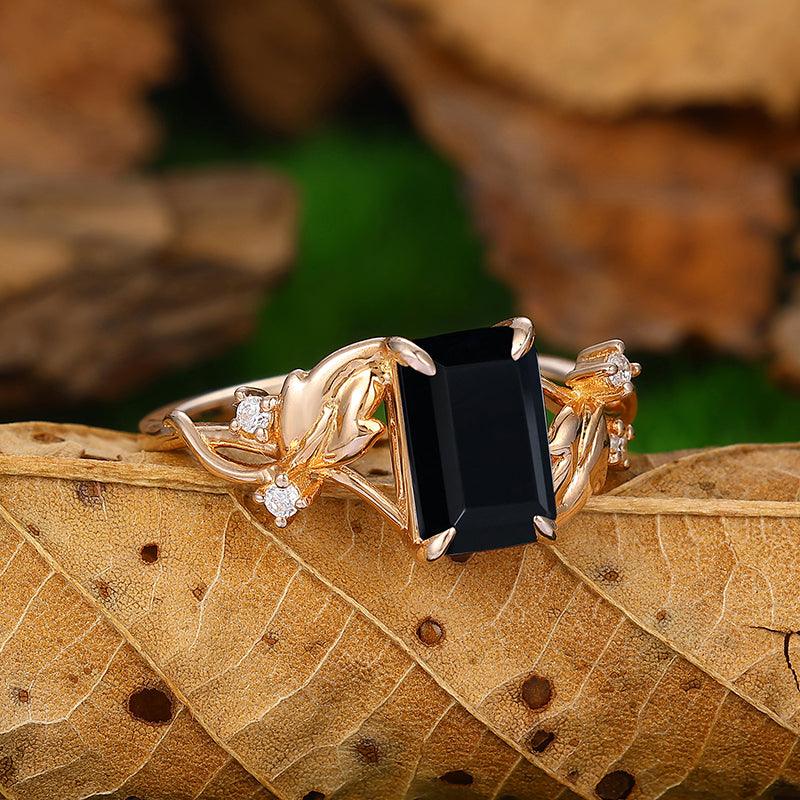 2.5 CT Emerald Cut Art Deco Natural Black Onyx leaf Design Engagement Ring - Esdomera