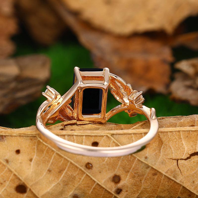 2.5 CT Emerald Cut Art Deco Natural Black Onyx leaf Design Engagement Ring - Esdomera