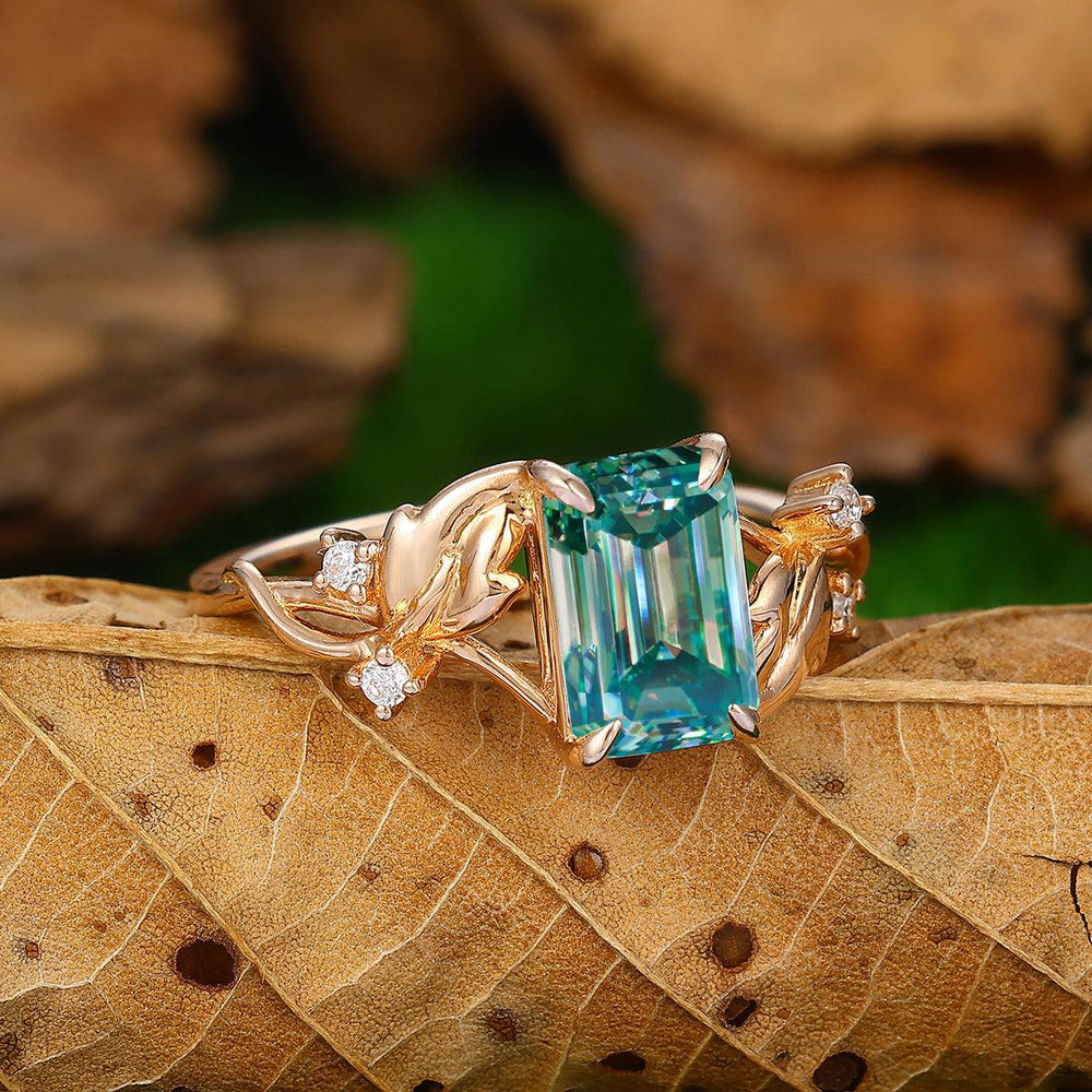2.5 ct Emerald Cut Blue Moissanite Leaf Curved Twist Band Diamond Bridal Ring - Esdomera