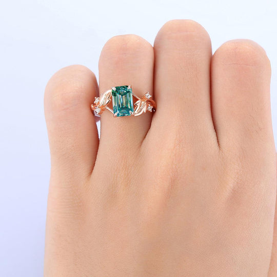 2.5 ct Emerald Cut Blue Moissanite Leaf Curved Twist Band Diamond Bridal Ring - Esdomera
