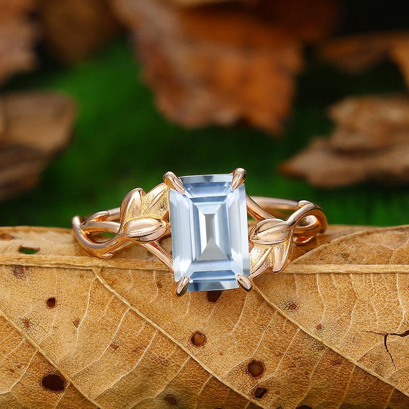 2.5 CT Emerald Cut Cross Shank Nature Leaf Twist Vines solitaire Aquamarine ring - Esdomera