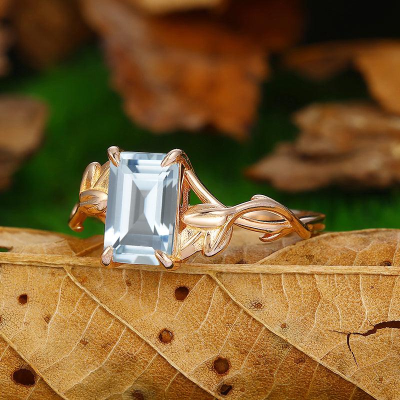 2.5 CT Emerald Cut Cross Shank Nature Leaf Twist Vines solitaire Aquamarine ring - Esdomera