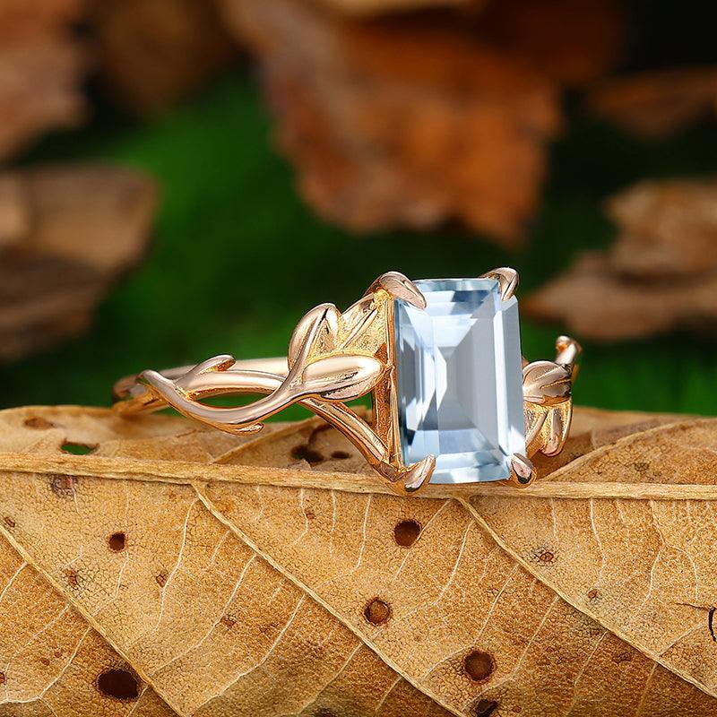 2.5 CT Emerald Cut Cross Shank Nature Leaf Twist Vines solitaire Aquamarine ring - Esdomera