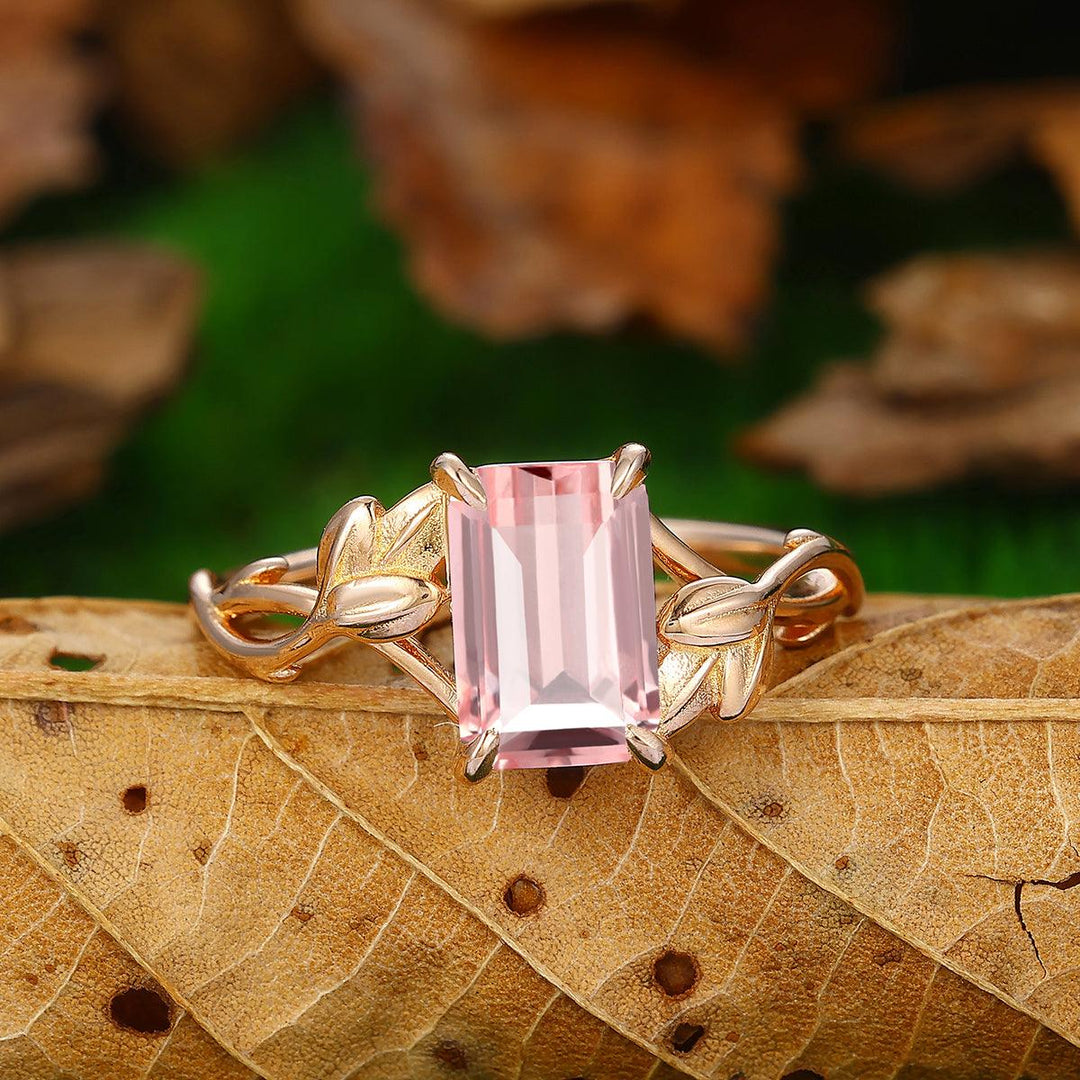 2.5 CT Emerald Cut Natural Pink Morganite Leaf Twist Design Solitaire Promise Ring - Esdomera