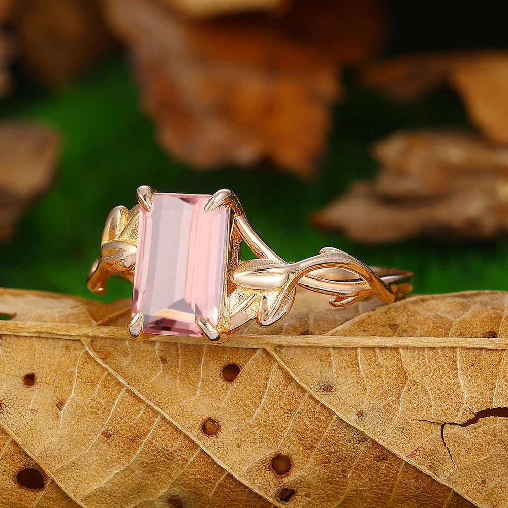 2.5 CT Emerald Cut Natural Pink Morganite Leaf Twist Design Solitaire Promise Ring - Esdomera