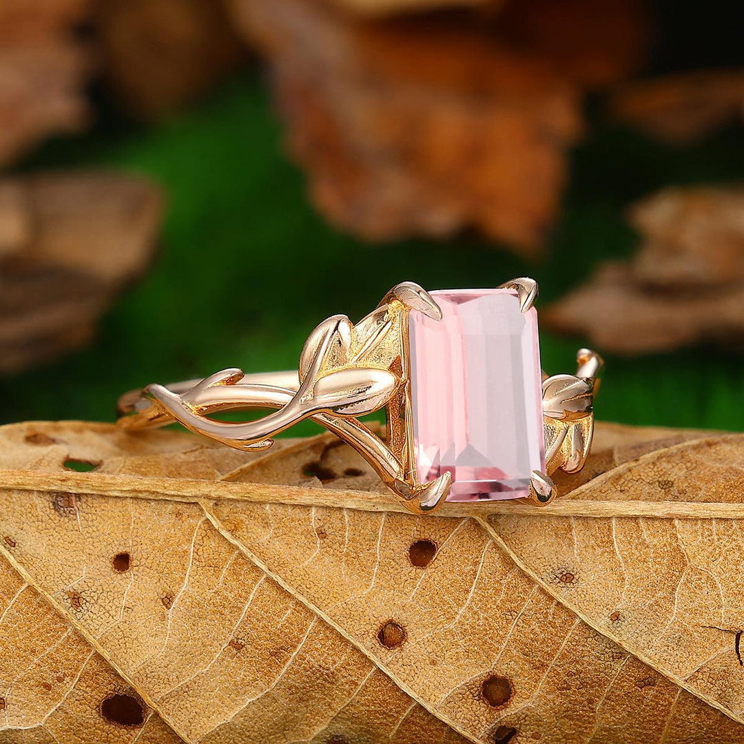 2.5 CT Emerald Cut Natural Pink Morganite Leaf Twist Design Solitaire Promise Ring - Esdomera