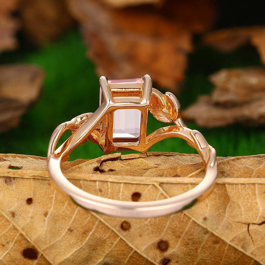 2.5 CT Emerald Cut Natural Pink Morganite Leaf Twist Design Solitaire Promise Ring - Esdomera