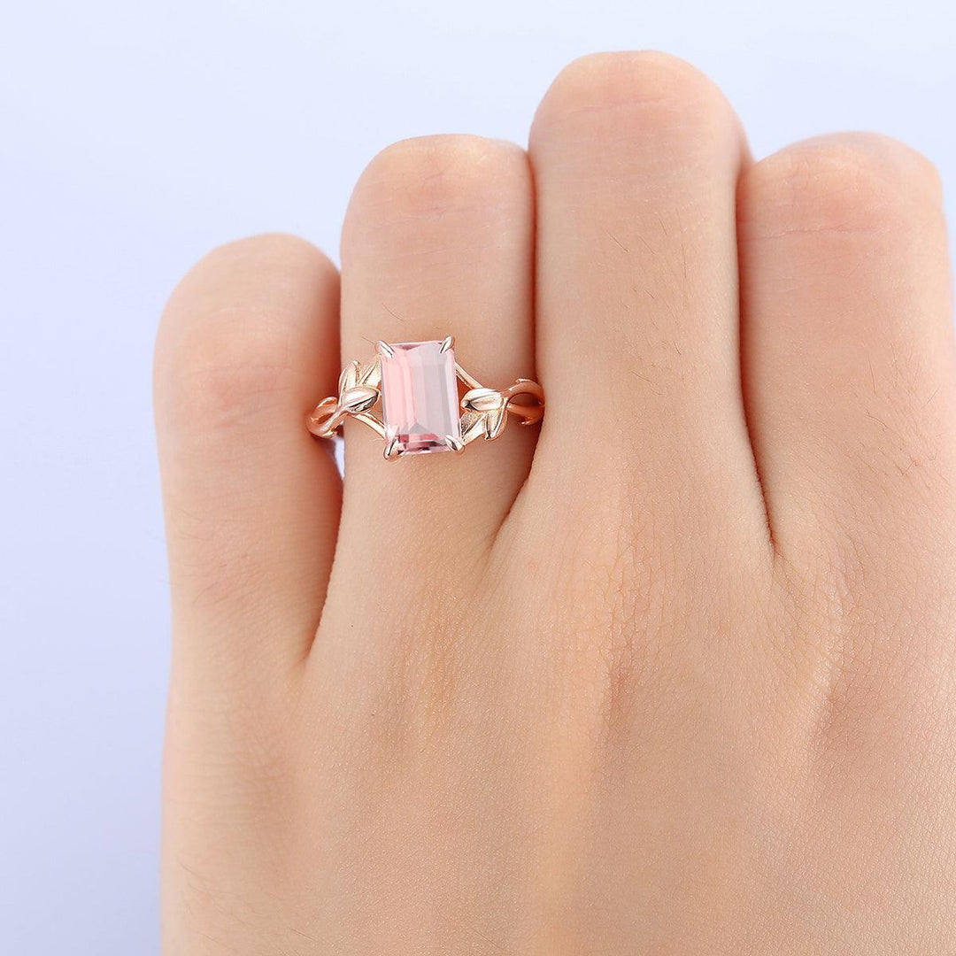 2.5 CT Emerald Cut Natural Pink Morganite Leaf Twist Design Solitaire Promise Ring - Esdomera