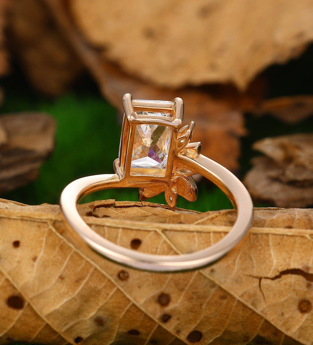 2.50CT Emerald Cut Moissanite Ring Cluster Ring Leaf Design - Esdomera
