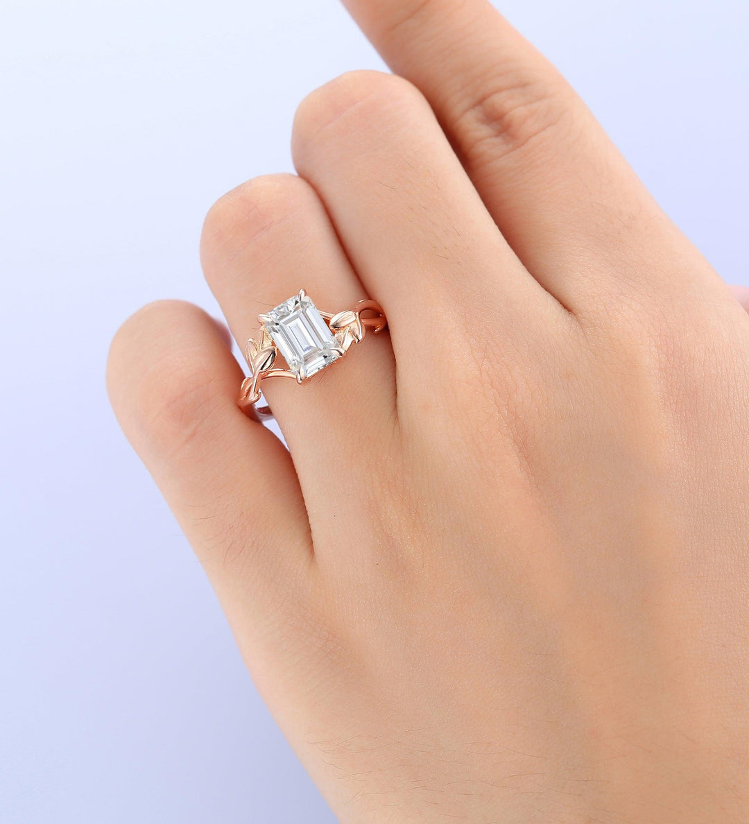 2.50CT Emerald Cut Moissanite Ring Leaf Design Ring Solitaire Ring Prong Setting Ring - Esdomera