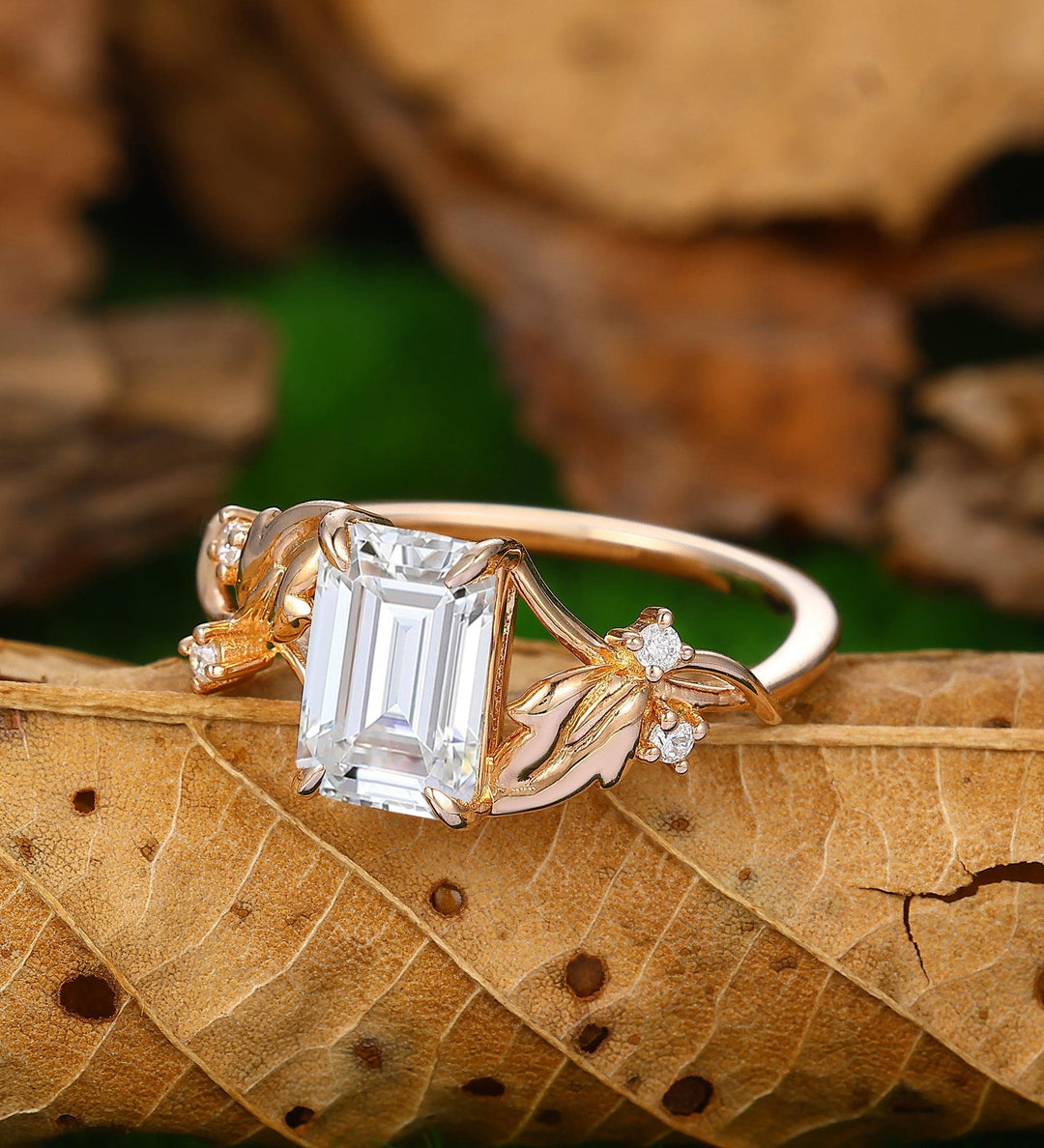 2.50CT Emerald Cut Moissanite Ring Leaf Design Ring Split Shank - Esdomera