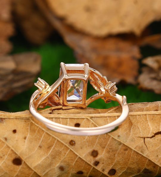 2.50CT Emerald Cut Moissanite Ring Leaf Design Ring Split Shank - Esdomera