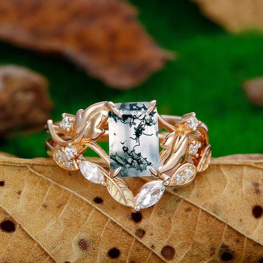 2.5CT Emerald Cut 14k Rose Gold Leaf Band Natural Moss Agate Bridal Ring Set - Esdomera
