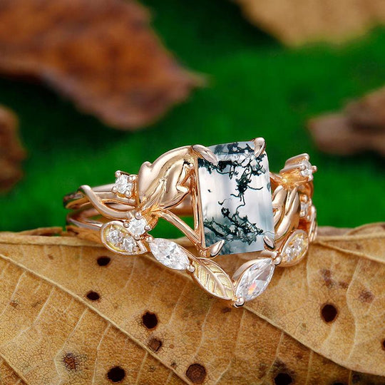 2.5CT Emerald Cut 14k Rose Gold Leaf Band Natural Moss Agate Bridal Ring Set - Esdomera