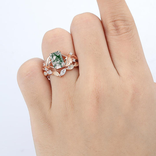 2.5CT Emerald Cut 14k Rose Gold Leaf Band Natural Moss Agate Bridal Ring Set - Esdomera