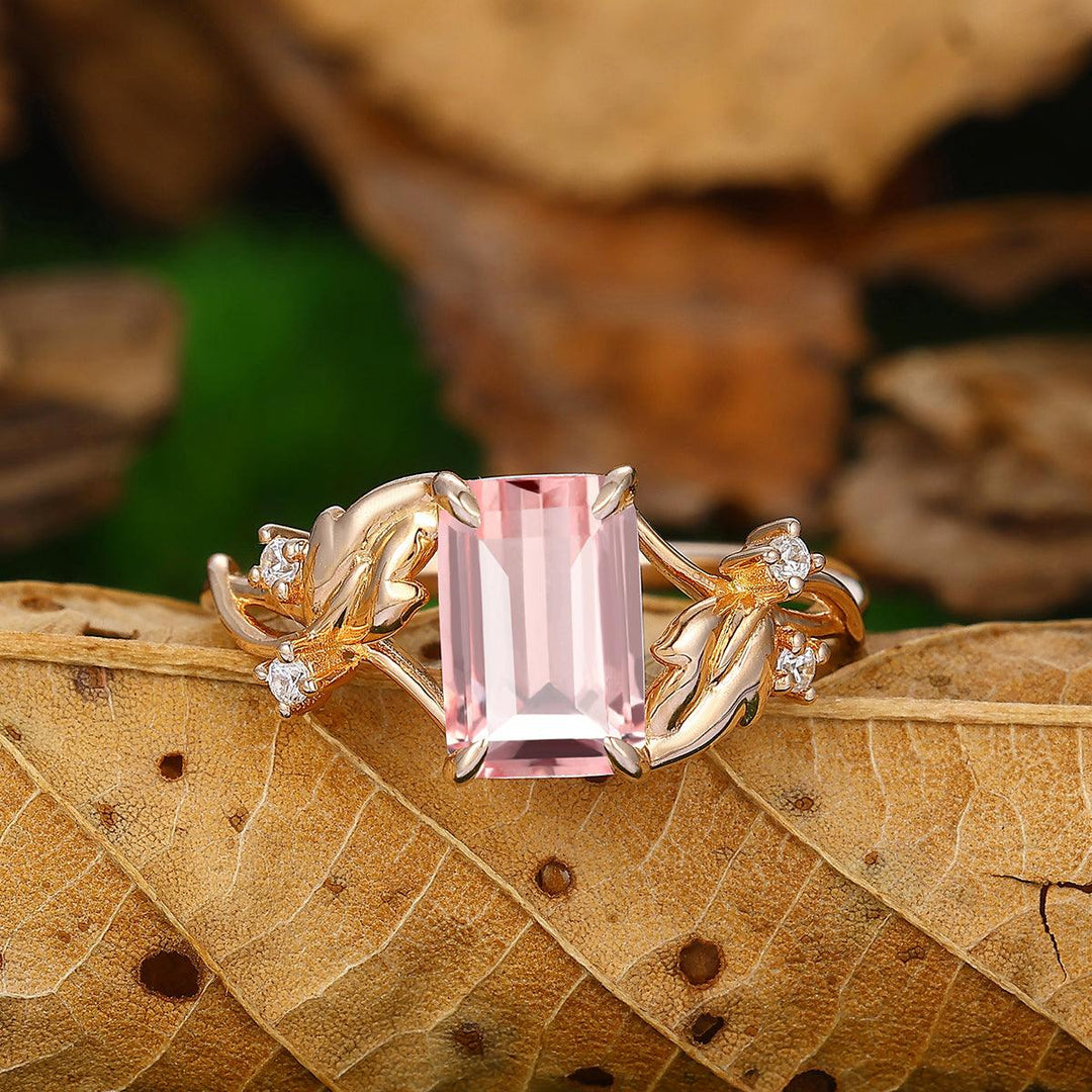Emerald Cut Leaf Band Natural Pink Morganite 10k Solid Gold Bridal Ring