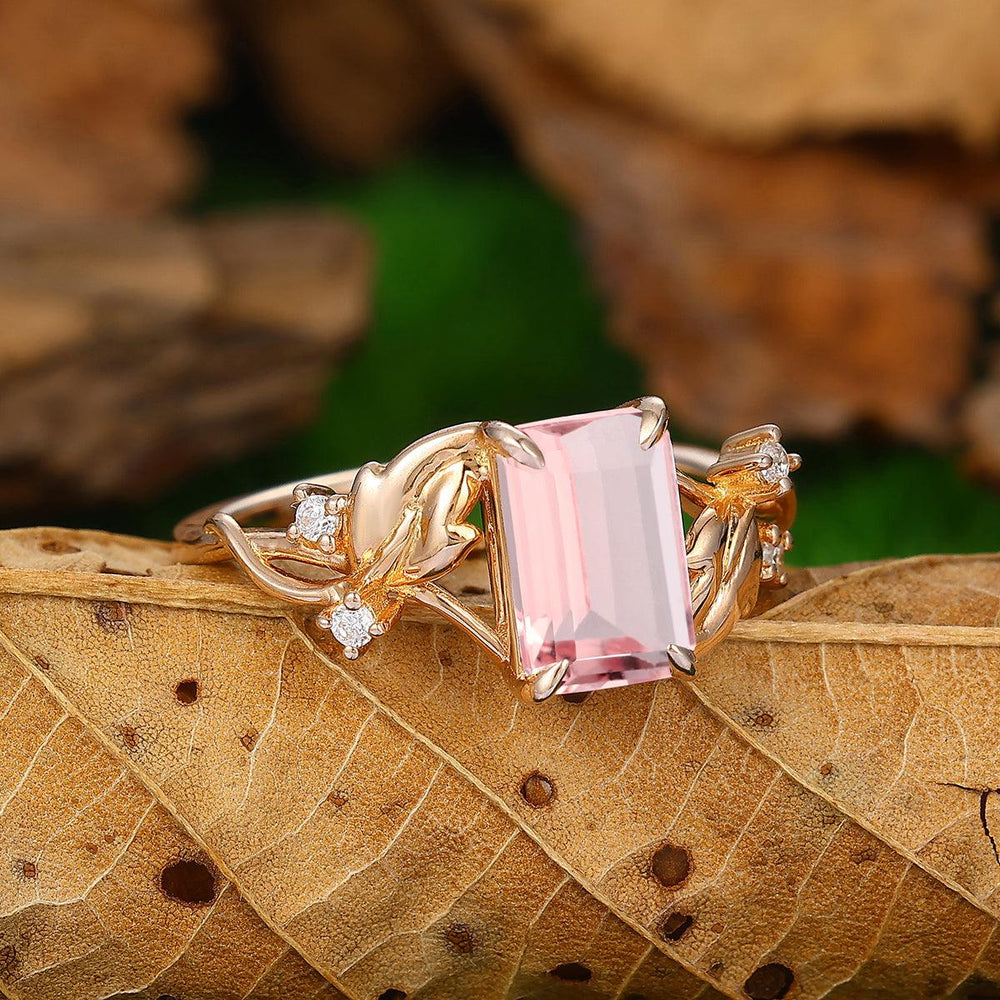 2.5ct Emerald Cut Leaf Band Natural Pink Morganite 10k Solid Gold Bridal Ring - Esdomera