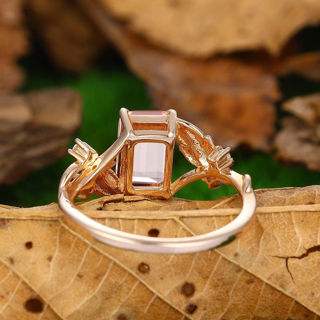 2.5ct Emerald Cut Leaf Band Natural Pink Morganite 10k Solid Gold Bridal Ring - Esdomera