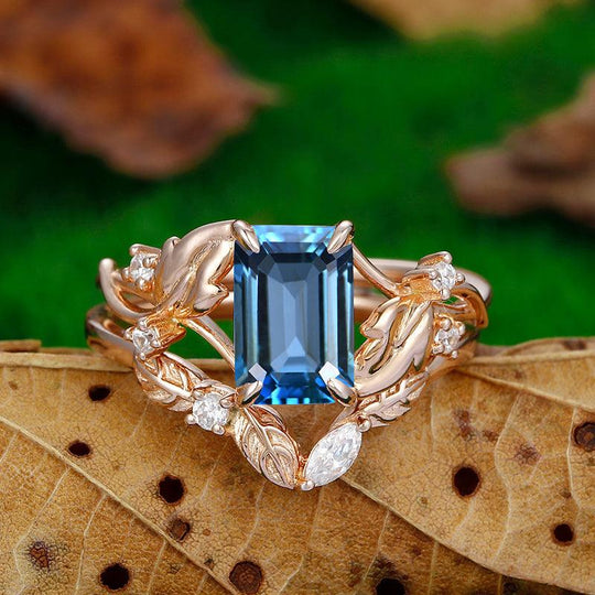 2.5CT Emerald Cut London blue topaz Nature Inspired Art deco leaf ring set - Esdomera