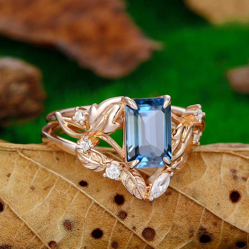 2.5CT Emerald Cut London blue topaz Nature Inspired Art deco leaf ring set - Esdomera