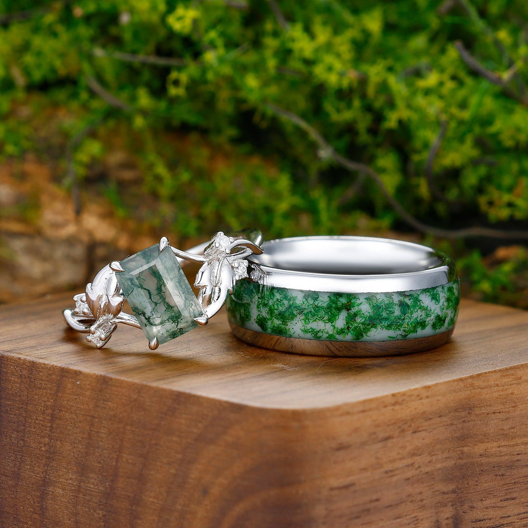 2.5CT Emerald Cut Moss Agate Couples Ring Set Silver And Moss Agate Polished Tungsten Matching Ring - Esdomera