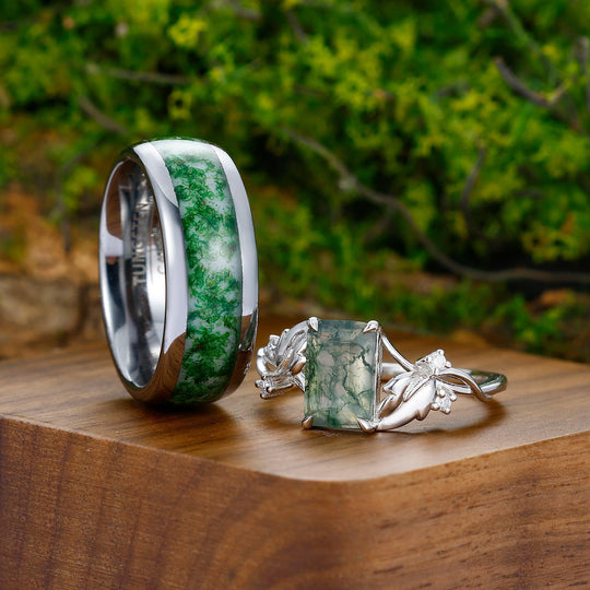 2.5CT Emerald Cut Moss Agate Couples Ring Set Silver And Moss Agate Polished Tungsten Matching Ring - Esdomera