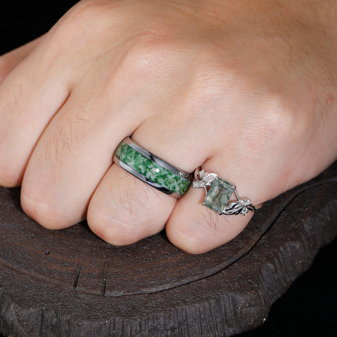 2.5CT Emerald Cut Moss Agate Couples Ring Set Silver And Moss Agate Polished Tungsten Matching Ring - Esdomera