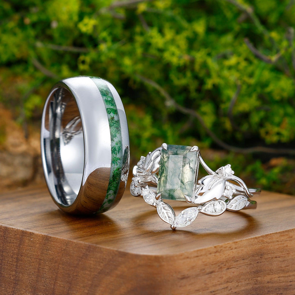 2.5CT Emerald Moss Agate Couples Ring Set 925 Sterling Silver Inlaid With Moissanite And Tungsten Matching Ring - Esdomera