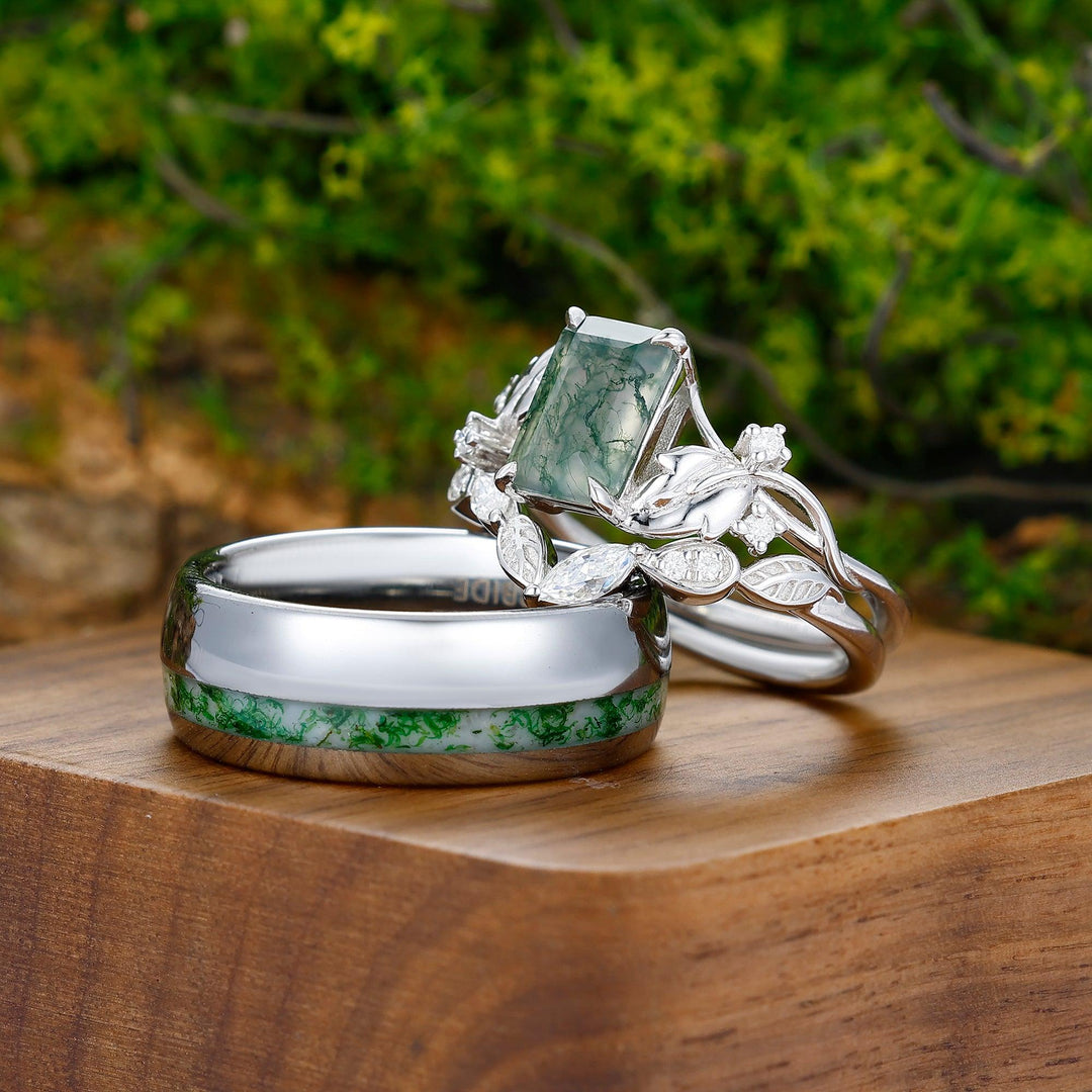 2.5CT Emerald Moss Agate Couples Ring Set 925 Sterling Silver Inlaid With Moissanite And Tungsten Matching Ring - Esdomera