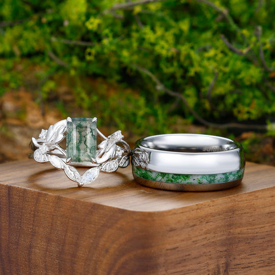 2.5CT Emerald Moss Agate Couples Ring Set 925 Sterling Silver Inlaid With Moissanite And Tungsten Matching Ring - Esdomera