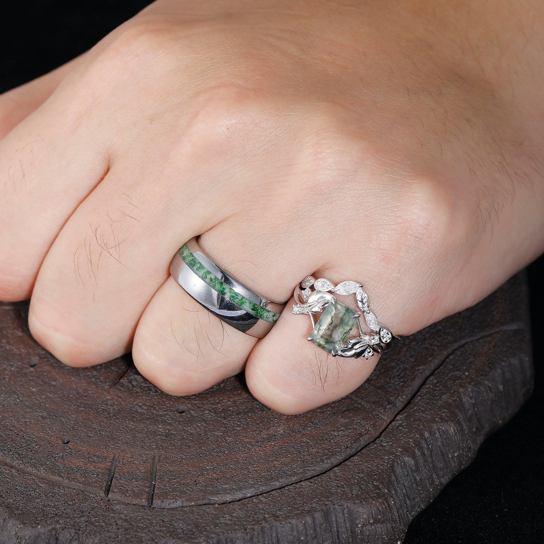 2.5CT Emerald Moss Agate Couples Ring Set 925 Sterling Silver Inlaid With Moissanite And Tungsten Matching Ring - Esdomera