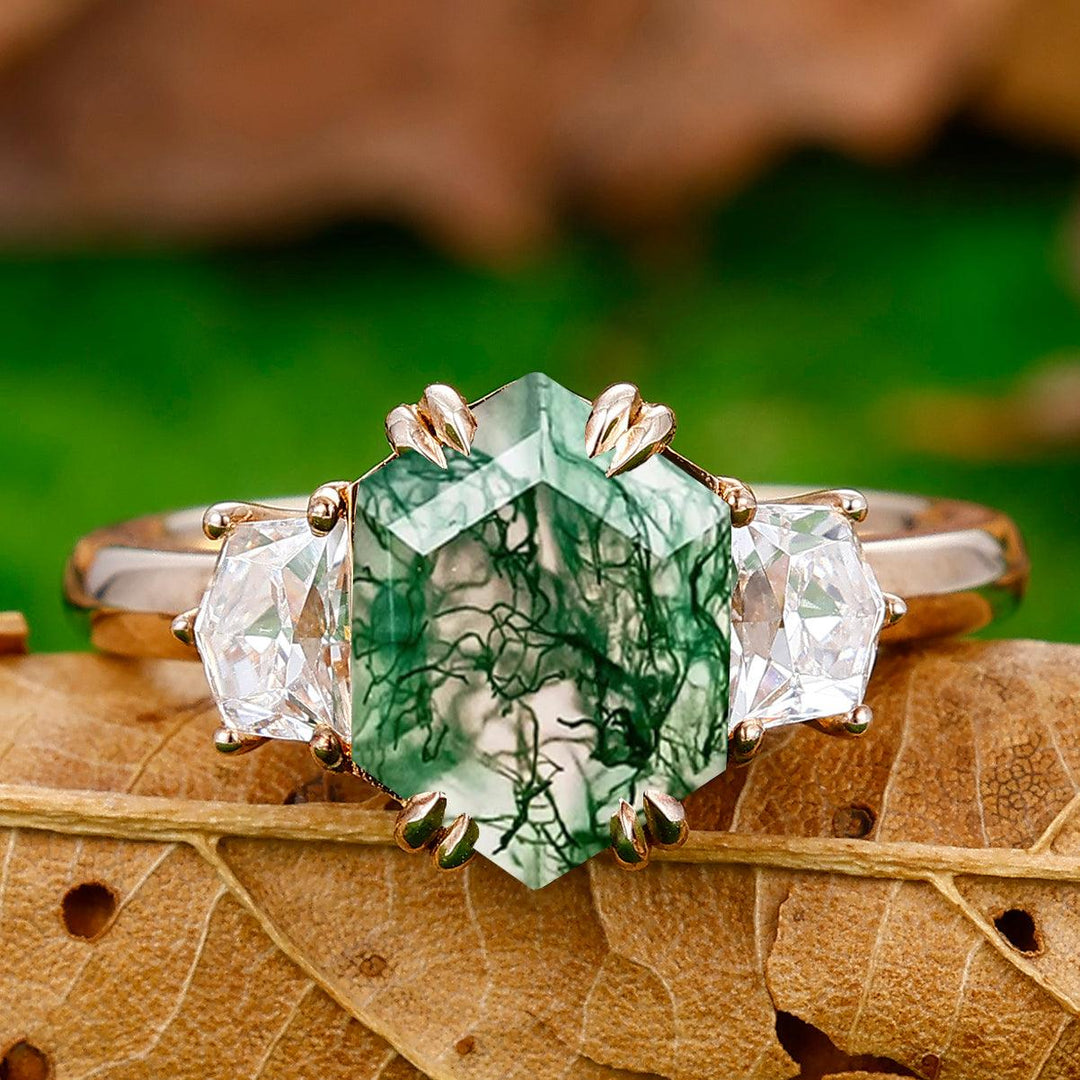 2.5CT Long Hexagon Cut Moss Agate Double Prongs Ring Cadillac Cut Moissanite Fine Ring - Esdomera