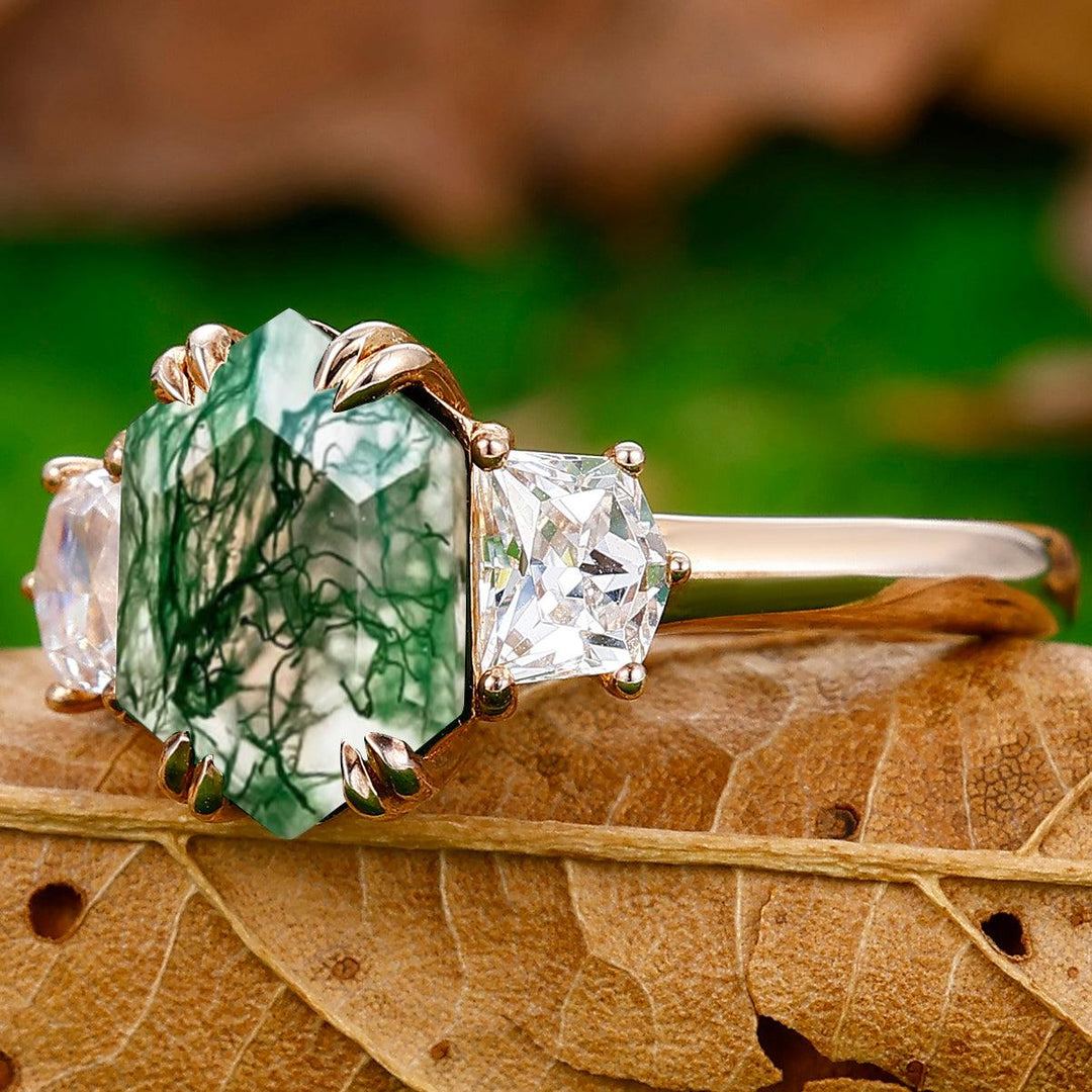 2.5CT Long Hexagon Cut Moss Agate Double Prongs Ring Cadillac Cut Moissanite Fine Ring - Esdomera