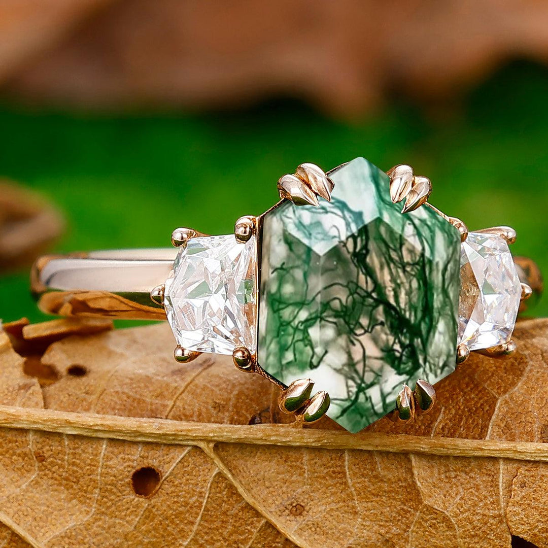 2.5CT Long Hexagon Cut Moss Agate Double Prongs Ring Cadillac Cut Moissanite Fine Ring - Esdomera