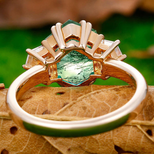 2.5CT Long Hexagon Cut Moss Agate Double Prongs Ring Cadillac Cut Moissanite Fine Ring - Esdomera