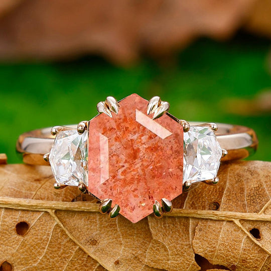 2.5CT Long Hexagon Cut Sunstone Double Prongs Ring Cadillac Cut Moissanite Bridal Ring - Esdomera