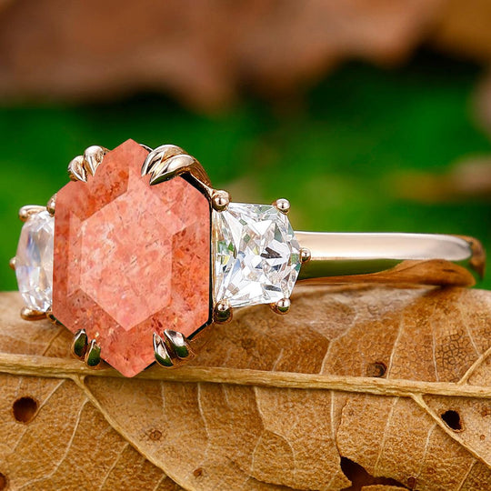 2.5CT Long Hexagon Cut Sunstone Double Prongs Ring Cadillac Cut Moissanite Bridal Ring - Esdomera