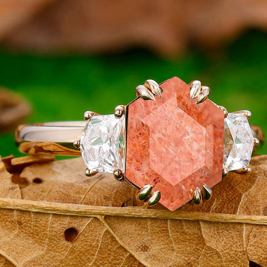 2.5CT Long Hexagon Cut Sunstone Double Prongs Ring Cadillac Cut Moissanite Bridal Ring - Esdomera