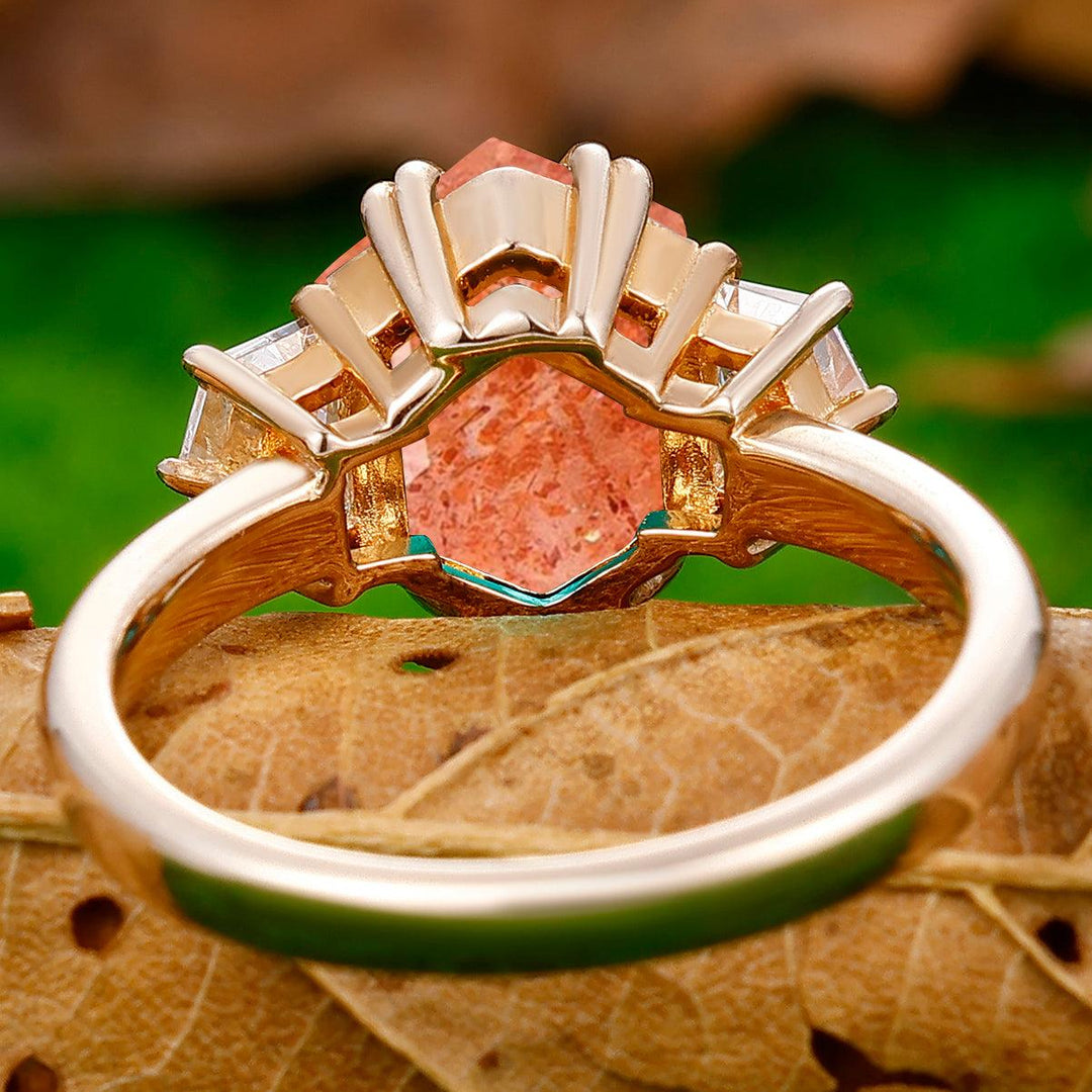 2.5CT Long Hexagon Cut Sunstone Double Prongs Ring Cadillac Cut Moissanite Bridal Ring - Esdomera