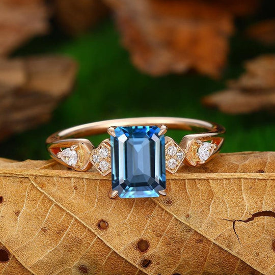 2 Carat Emerald Cut 925 Silver Natural London Blue Topaz leaf curved design ring - Esdomera