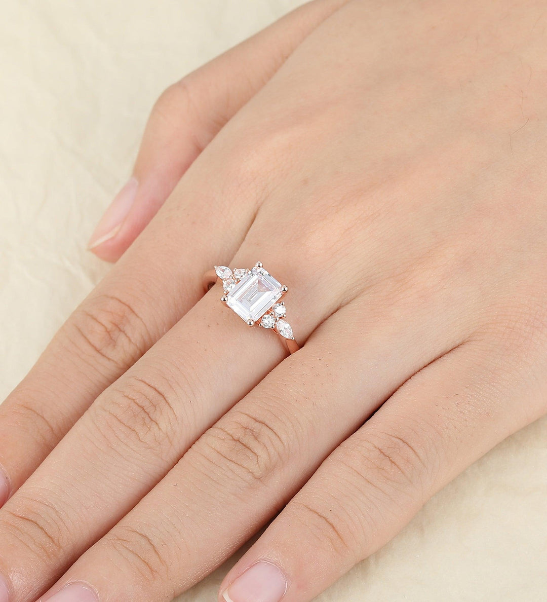2 Carat Emerald Cut Moissanite Engagement Ring Soild 14k Rose Gold Promise Wedding Ring - Esdomera