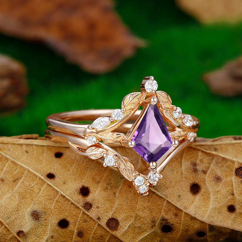 2 CT Crown Shank Kite Cut Natural Amethyst Sliver Leaf Ring - Esdomera