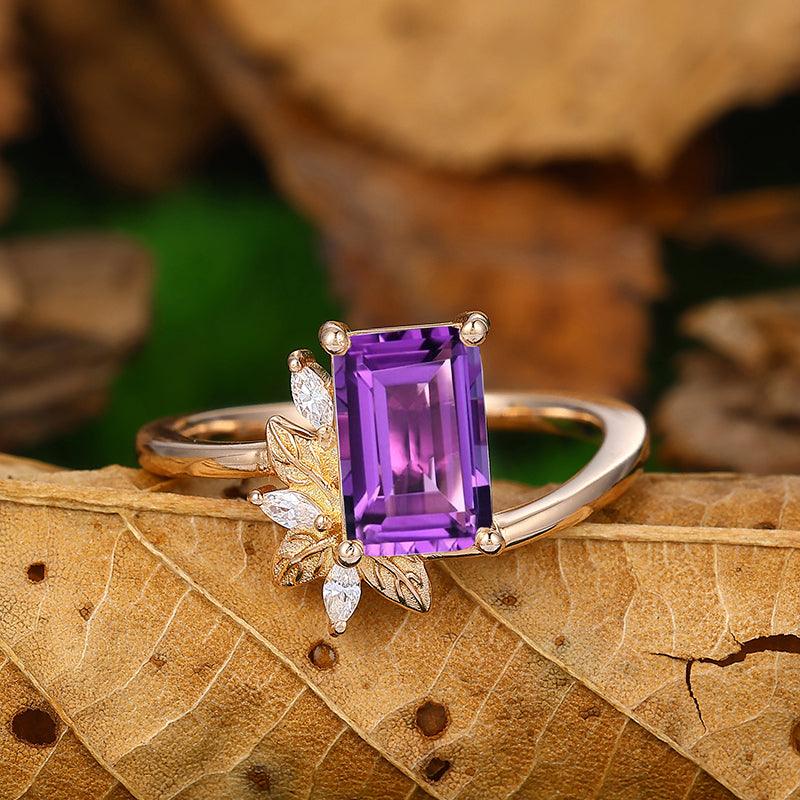 2 CT Emerald Cut Cluster Leaf Natural Amethyst Sliver Engagement Ring - Esdomera