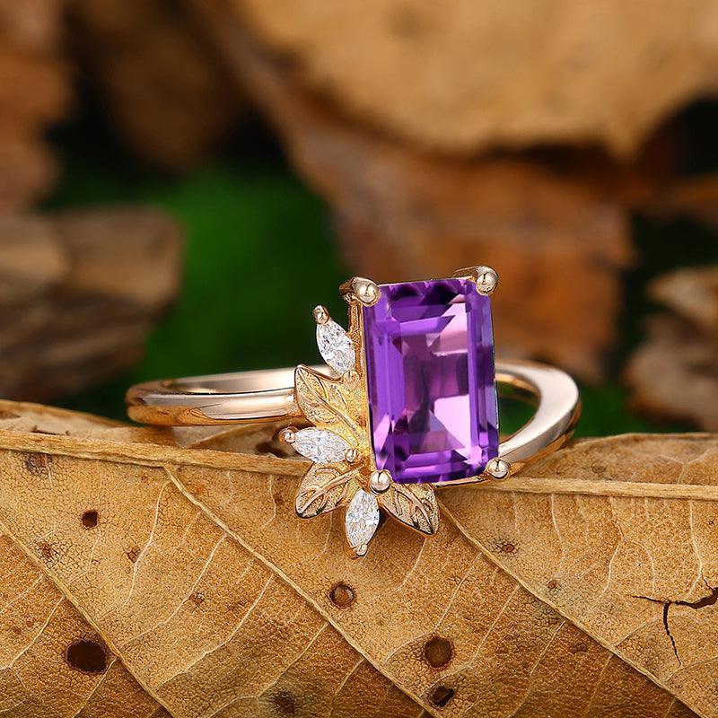 2 CT Emerald Cut Cluster Leaf Natural Amethyst Sliver Engagement Ring - Esdomera