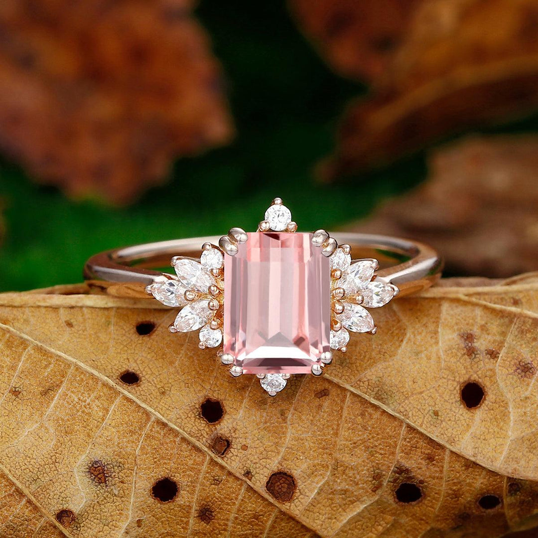 2 CT Emerald Cut Natural Pink Morganite Cluster Nature leaf Promise Ring - Esdomera