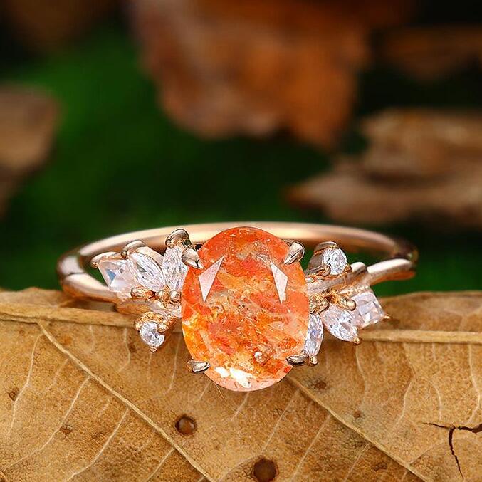 2 CT Oval Shape Cluster Natural Orange Sunstone Bridal Promise Ring