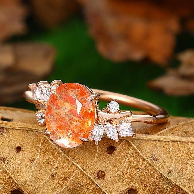 2 CT Oval Shape Cluster Natural Orange Sunstone Bridal Promise Ring