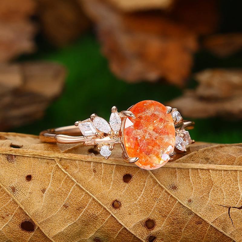 2 CT Oval Shape Cluster Natural Orange Sunstone Bridal Promise Ring - Esdomera