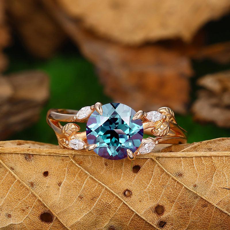 2 CT Round Cut Split Shank Gold Art Deco Leaf Alexandrite Promiae Anniversary Gift Ring - Esdomera